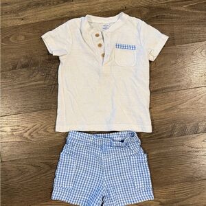 2t White Henley Shirt and Blue Gingham Shorts Set